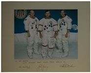 Apollo 16 Crew-Signed 20'' x 16'' Photo of the Astronauts in Their White Spacesuits -- Presented to Houston Oilers Owner Bud Adams